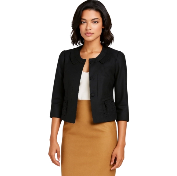 Rebecca Taylor Jackets & Blazers - REBECCA TAYLOR Wool Crop Blazer Eyelet Peplum Detail Puff Shoulder Grey Gray XS